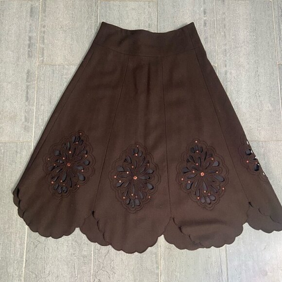 Ann Louise Roswald Embellished Full Circle Midi Swing Skirt Brown Size 6/UK 10 - Picture 1 of 6
